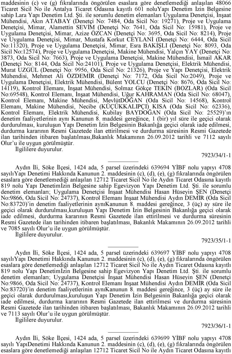 ile sorumlu denetim elemanları Uygulama Denetçisi, İnşaat Mühendisi, Akın ATABAY (Denetçi No: 7484, Oda Sicil No: 19271), Proje ve Uygulama Denetçisi, Mimar, Alamettin SEVİM (Denetçi No: 7641, Oda