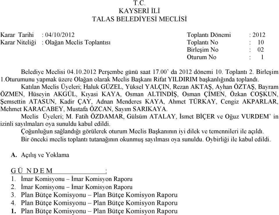 Katılan Meclis Üyeleri; Haluk GÜZEL, Yüksel YALÇIN, Rezan AKTAŞ, Ayhan ÖZTAŞ, Bayram ÖZMEN, Hüseyin AKGÜL, Kıyasi KAYA, Osman ALTINDİŞ, Osman ÇİMEN, Özkan COŞKUN, Şemsettin ATASUN, Kadir ÇAY, Adnan