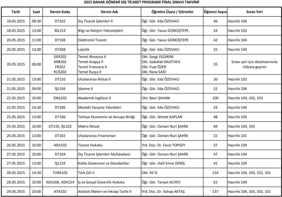 2015 13:00 DT208 Lojistik Öğr. Gör. Eda ÖZOVACI 25 Hazırlık 104 20.05.