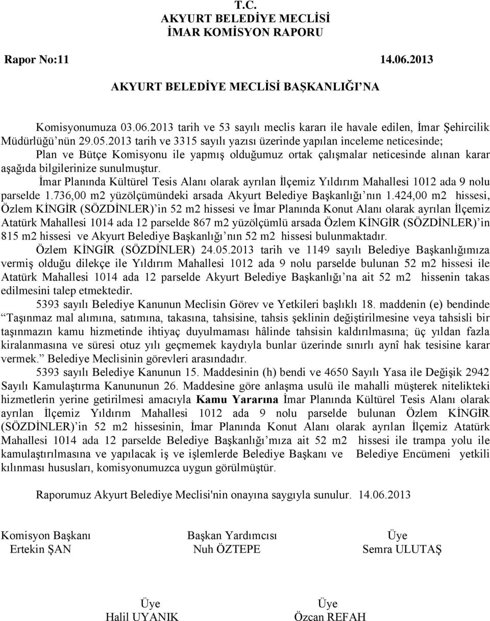 İmar Planında Kültürel Tesis Alanı olarak ayrılan İlçemiz Yıldırım Mahallesi 1012 ada 9 nolu parselde 1.736,00 m2 yüzölçümündeki arsada Akyurt Belediye Başkanlığı nın 1.