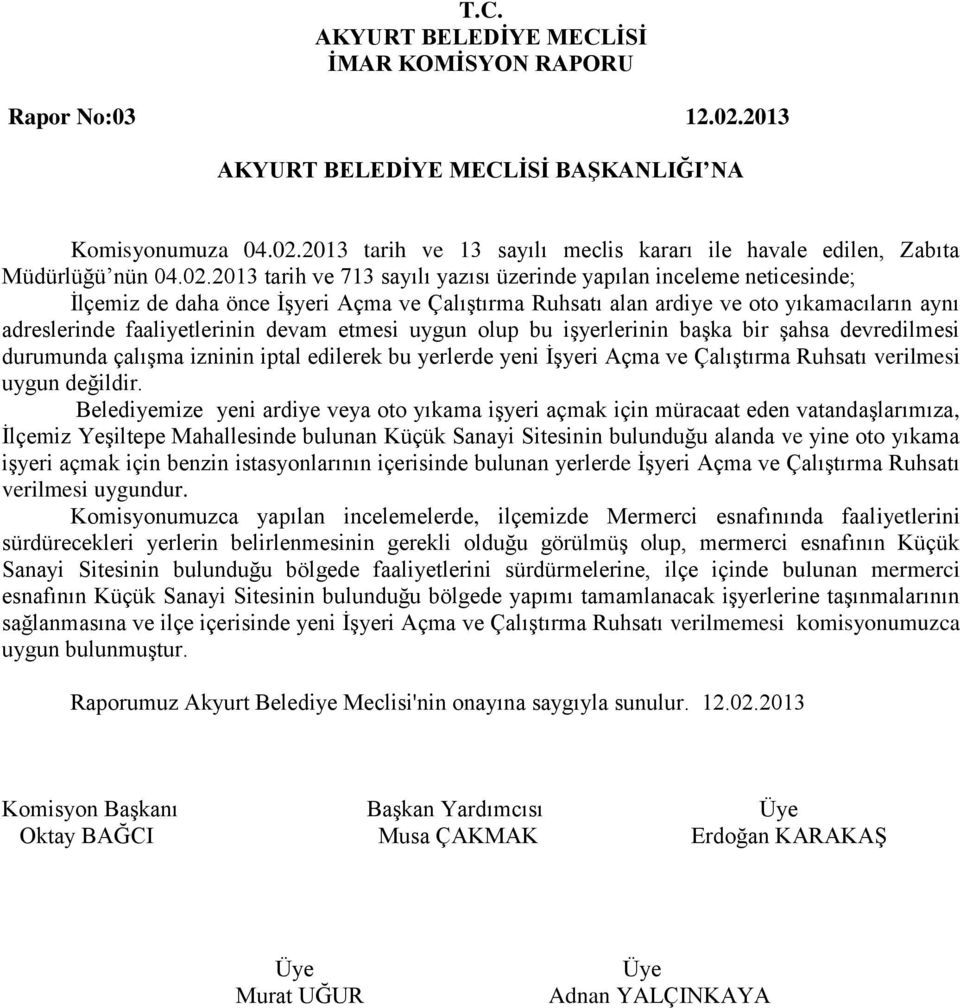 2013 tarih ve 13 sayılı meclis kararı ile havale edilen, Zabıta Müdürlüğü nün 04.02.