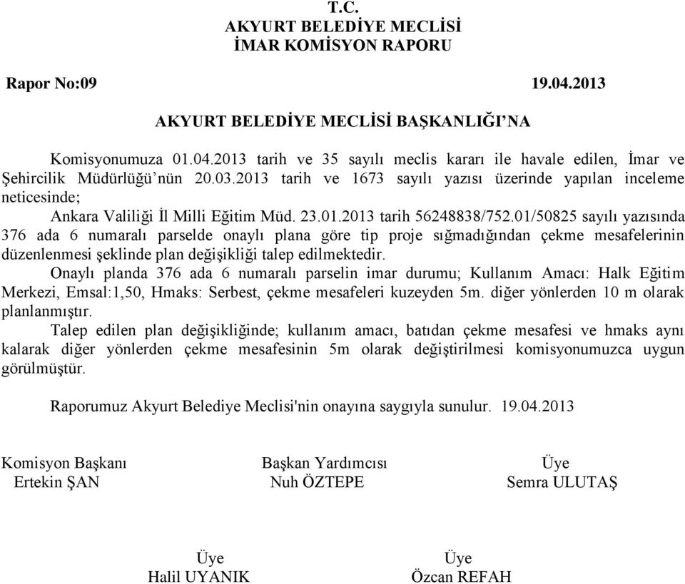 01/50825 sayılı yazısında 376 ada 6 numaralı parselde onaylı plana göre tip proje sığmadığından çekme mesafelerinin düzenlenmesi şeklinde plan değişikliği talep edilmektedir.