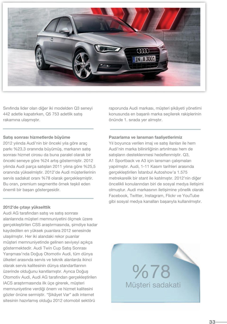 Satıș sonrası hizmetlerde büyüme 2012 yılında Audi nin bir önceki yıla göre araç parkı %23,3 oranında büyümüș, markanın satıș sonrası hizmet cirosu da buna paralel olarak bir önceki seneye göre %24