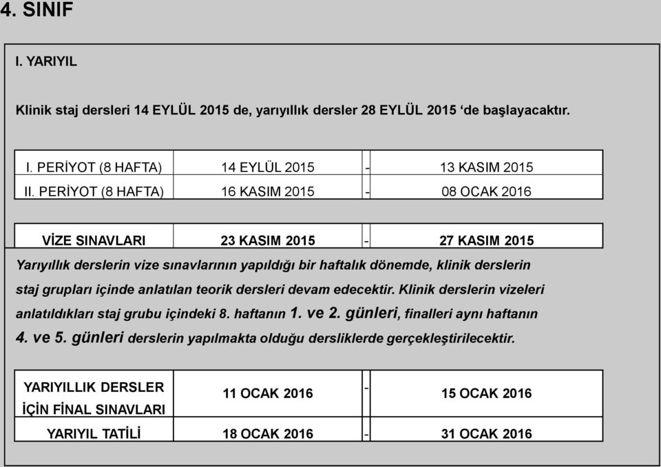 staj grupları içinde anlatılan teorik dersleri devam edecektir. Klinik derslerin vizeleri anlatıldıkları staj grubu içindeki 8. haftanın 1. ve 2.