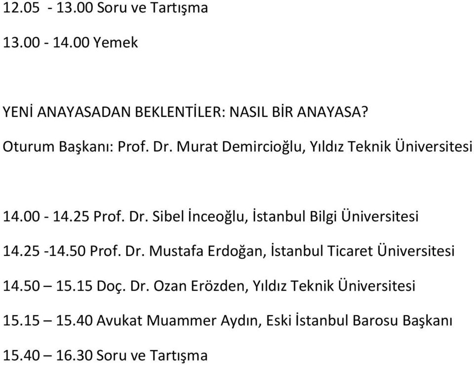 25-14.50 Prof. Dr. Mustafa Erdoğan, İstanbul Ticaret Üniversitesi 14.50 15.15 Doç. Dr. Ozan Erözden, Yıldız Teknik Üniversitesi 15.