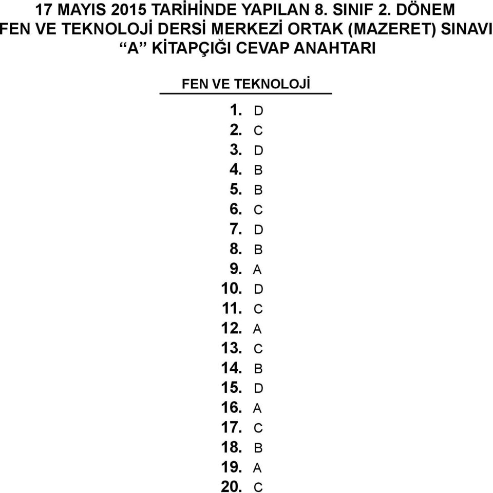 KİTPÇIĞI CEVP NHTRI FEN VE TEKNOLOJİ 1. D 2. C 3. D 4. B 5.