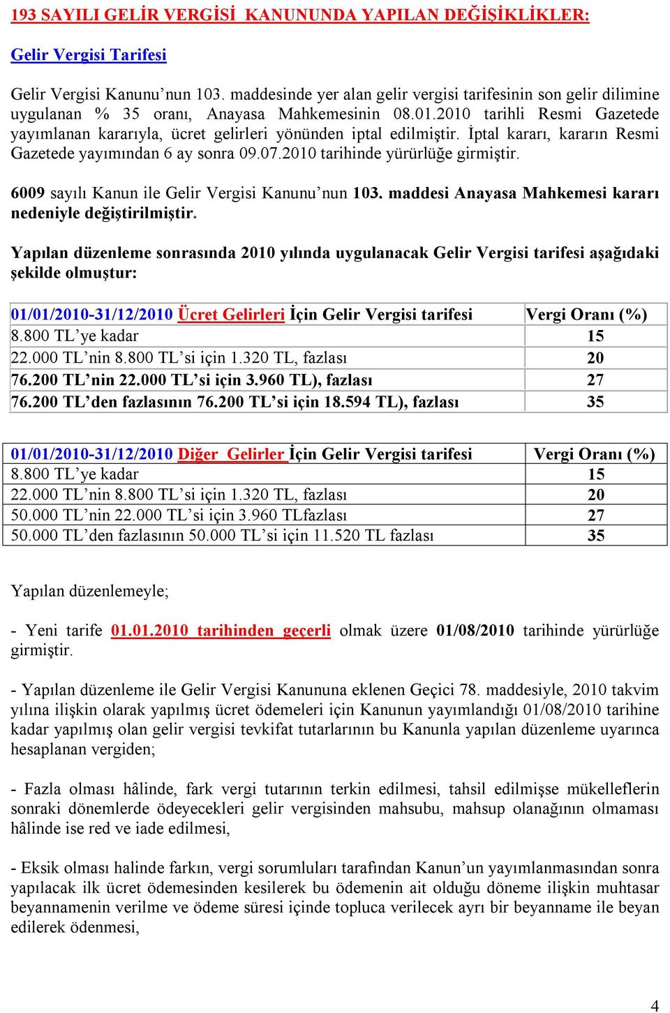 2010 tarihli Resmi Gazetede yayımlanan kararıyla, ücret gelirleri yönünden iptal edilmiştir. İptal kararı, kararın Resmi Gazetede yayımından 6 ay sonra 09.07.2010 tarihinde yürürlüğe girmiştir.