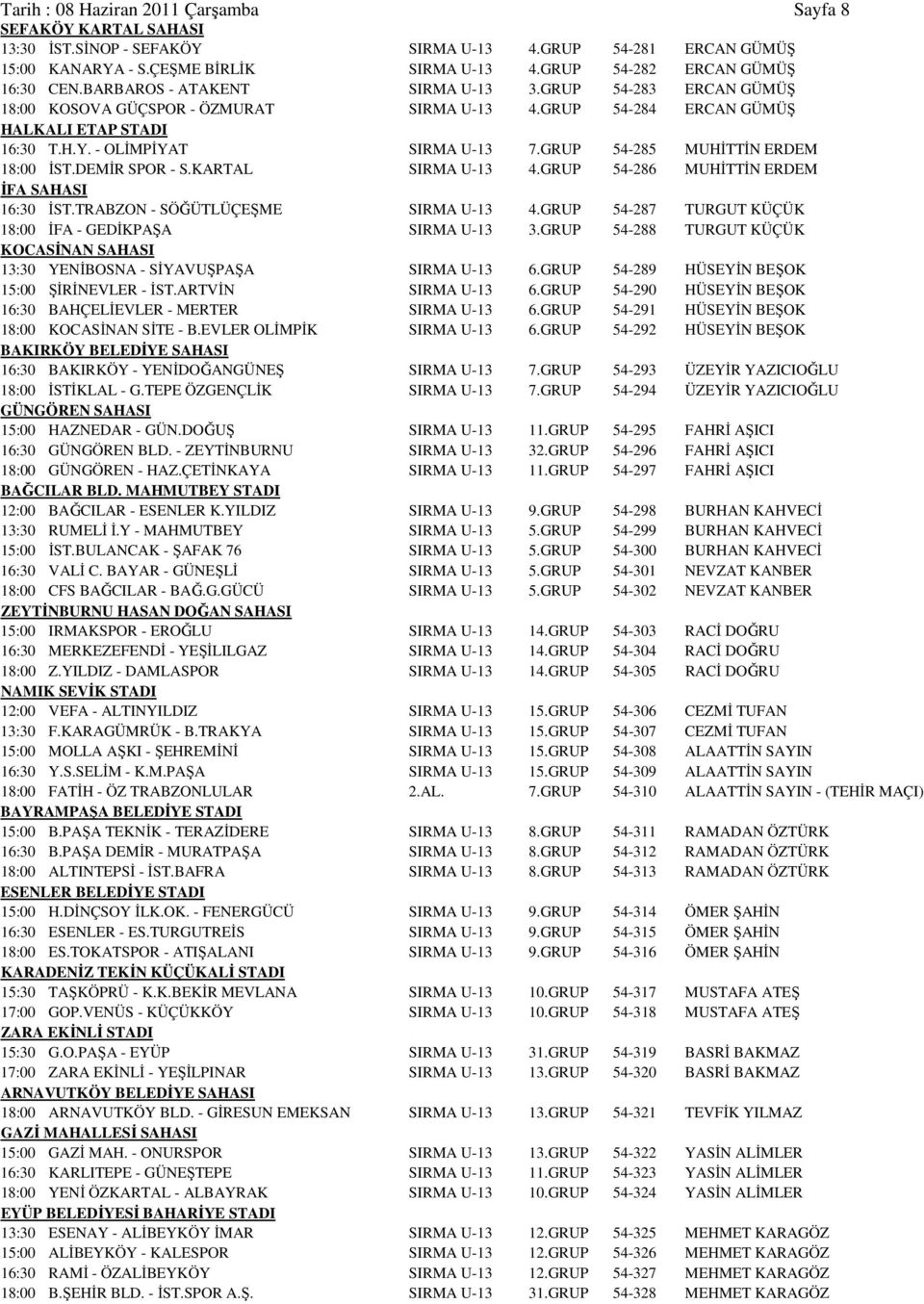 - OLİMPİYAT SIRMA U-13 7.GRUP 54-285 MUHİTTİN ERDEM 18:00 İST.DEMİR SPOR - S.KARTAL SIRMA U-13 4.GRUP 54-286 MUHİTTİN ERDEM İFA SAHASI 16:30 İST.TRABZON - SÖĞÜTLÜÇEŞME SIRMA U-13 4.