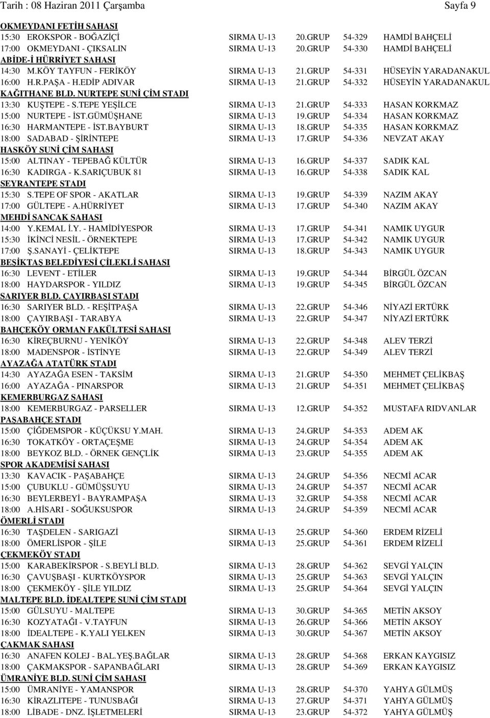GRUP 54-332 HÜSEYİN YARADANAKUL KAĞITHANE BLD. NURTEPE SUNİ ÇİM STADI 13:30 KUŞTEPE - S.TEPE YEŞİLCE SIRMA U-13 21.GRUP 54-333 HASAN KORKMAZ 15:00 NURTEPE - İST.GÜMÜŞHANE SIRMA U-13 19.