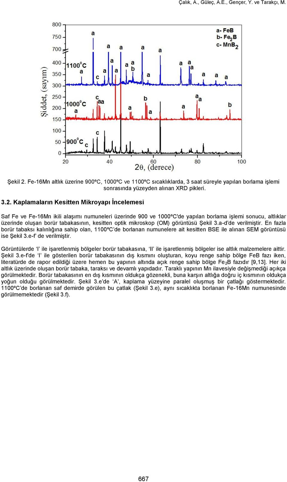 Kaplamaların Kesitten Mikroyapı İncelemesi Saf Fe ve Fe-16Mn ikili alaşımı numuneleri üzerinde 900 ve 1000ºC'de yapılan borlama işlemi sonucu, altlıklar üzerinde oluşan borür tabakasının, kesitten