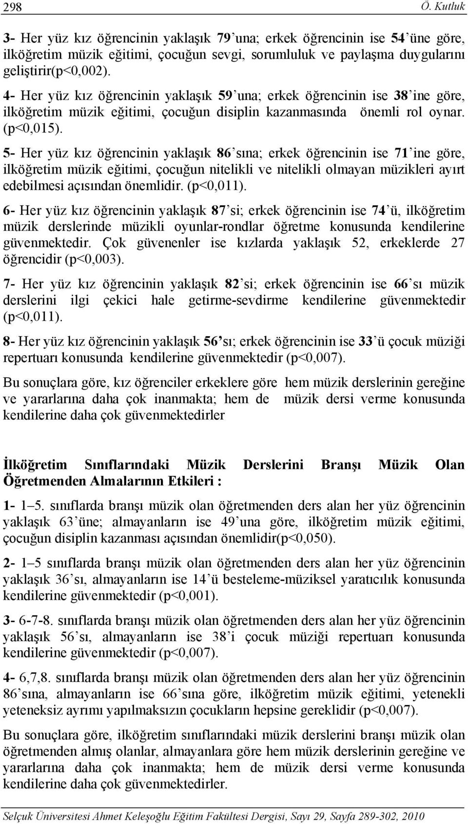 5- Her yüz kız öğrencinin yaklaşık 86 sına; erkek öğrencinin ise 71 ine göre, ilköğretim müzik eğitimi, çocuğun nitelikli ve nitelikli olmayan müzikleri ayırt edebilmesi açısından önemlidir.