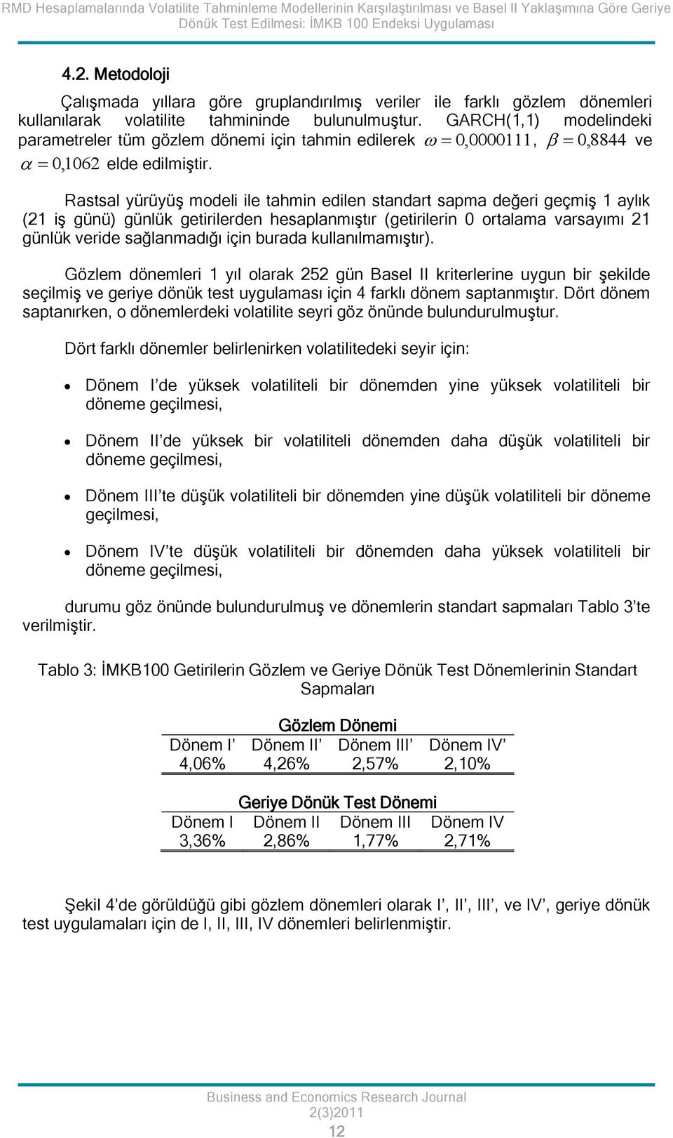 GARCH(1,1) modelindeki paramereler üm gözlem dönemi için ahmin edilerek 0, 0000111, 0, 8844 ve 0,106 elde edilmişir.