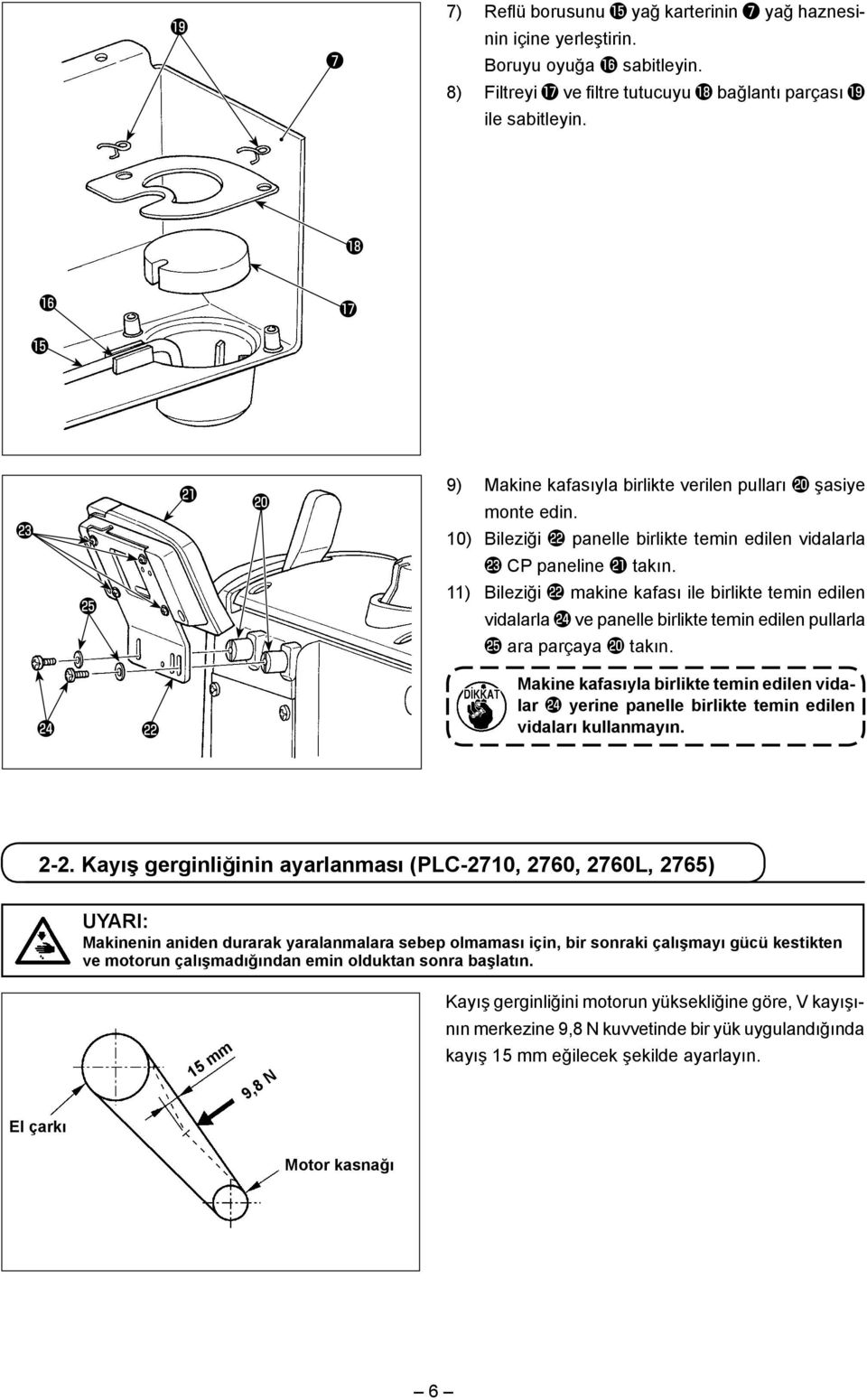 11) Bileziği makine kafası ile birlikte temin edilen vidalarla ve panelle birlikte temin edilen pullarla ara parçaya takın.