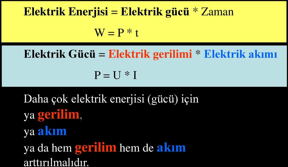 U * I Daha çok elektrik enerjisi (gücü) için ya