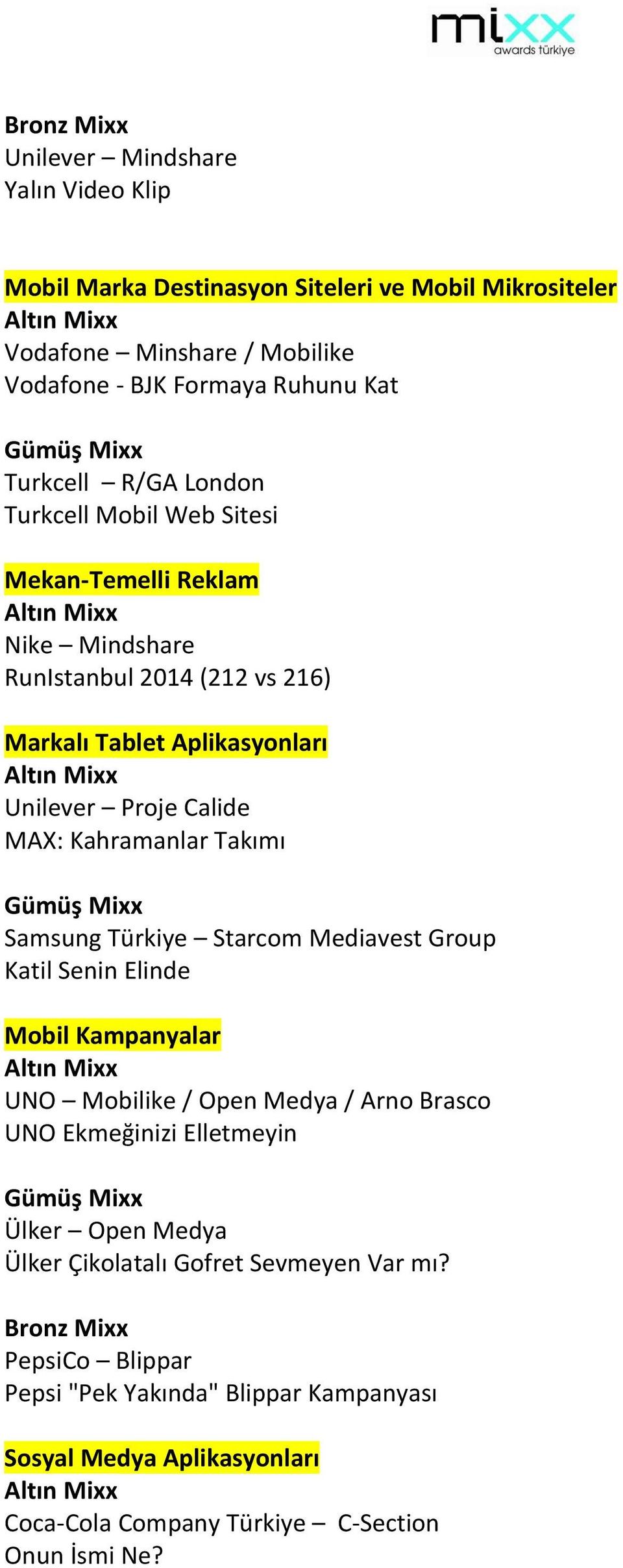 Takımı Samsung Türkiye Starcom Mediavest Group Katil Senin Elinde Mobil Kampanyalar UNO Mobilike / Open Medya / Arno Brasco UNO Ekmeğinizi Elletmeyin Ülker Open Medya