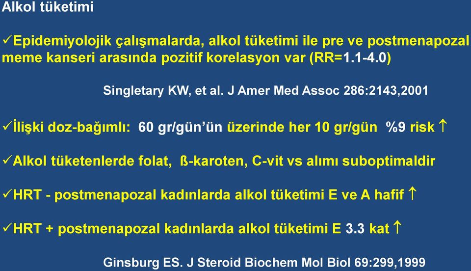 J Amer Med Assoc 286:2143,2001 İlişki doz-bağımlı: 60 gr/gün ün üzerinde her 10 gr/gün %9 risk Alkol tüketenlerde folat,