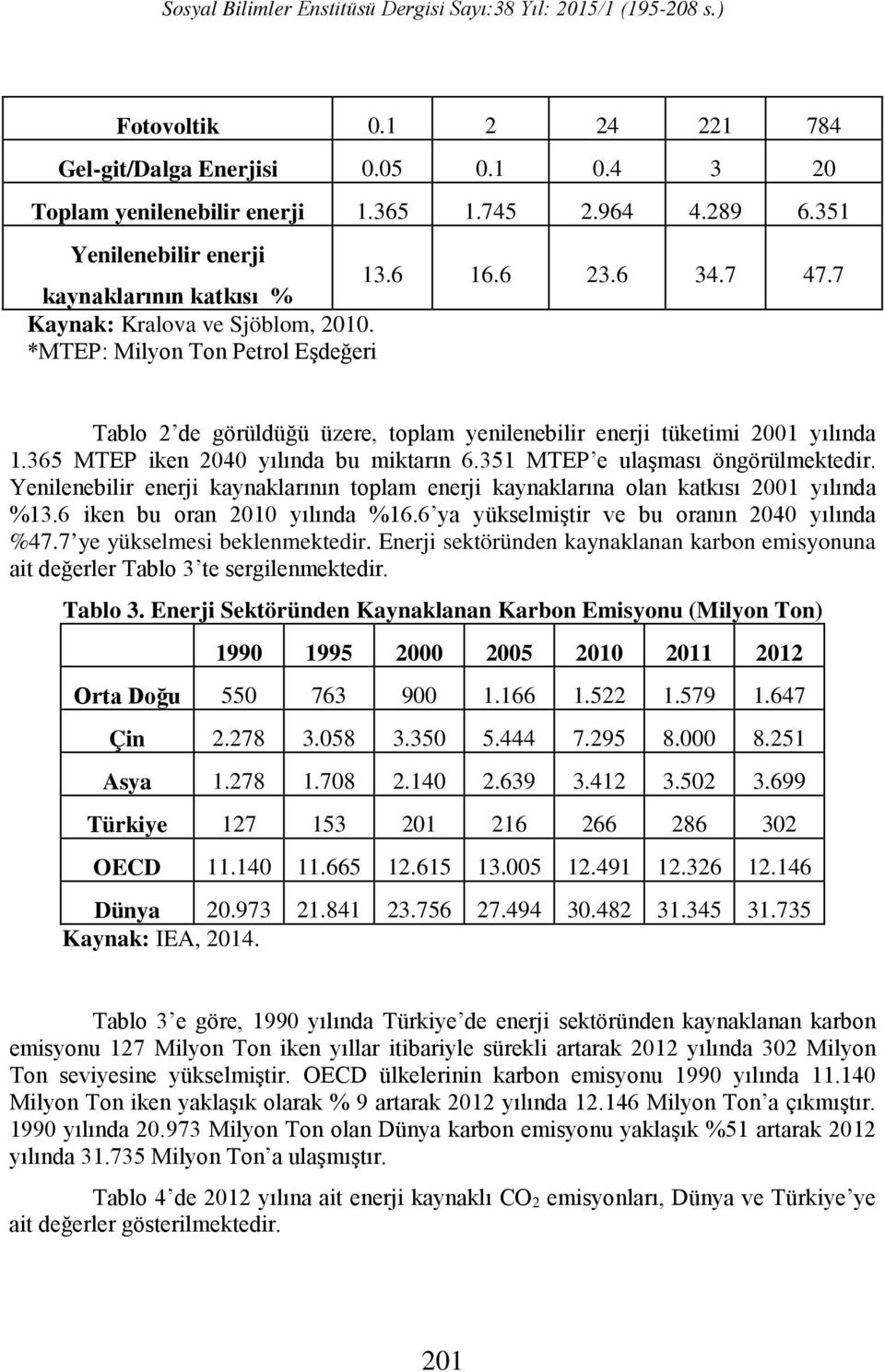 365 MTEP iken 2040 yılında bu miktarın 6.351 MTEP e ulaşması öngörülmektedir. Yenilenebilir enerji kaynaklarının toplam enerji kaynaklarına olan katkısı 2001 yılında %13.