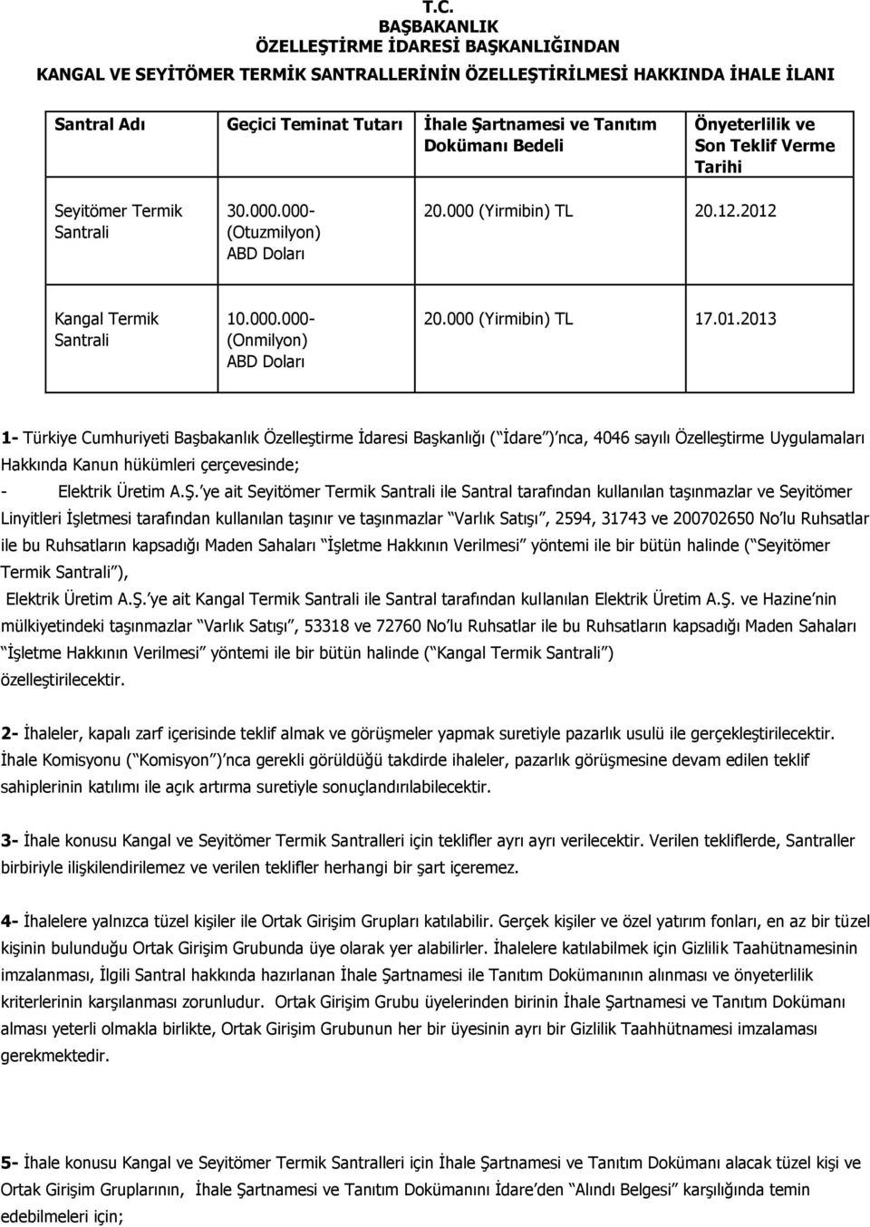 000 (Yirmibin) TL 7.0.0 - Türkiye Cumhuriyeti Başbakanlık Özelleştirme İdaresi Başkanlığı ( İdare ) nca, 06 sayılı Özelleştirme Uygulamaları Hakkında Kanun hükümleri çerçevesinde; - Elektrik Üretim A.