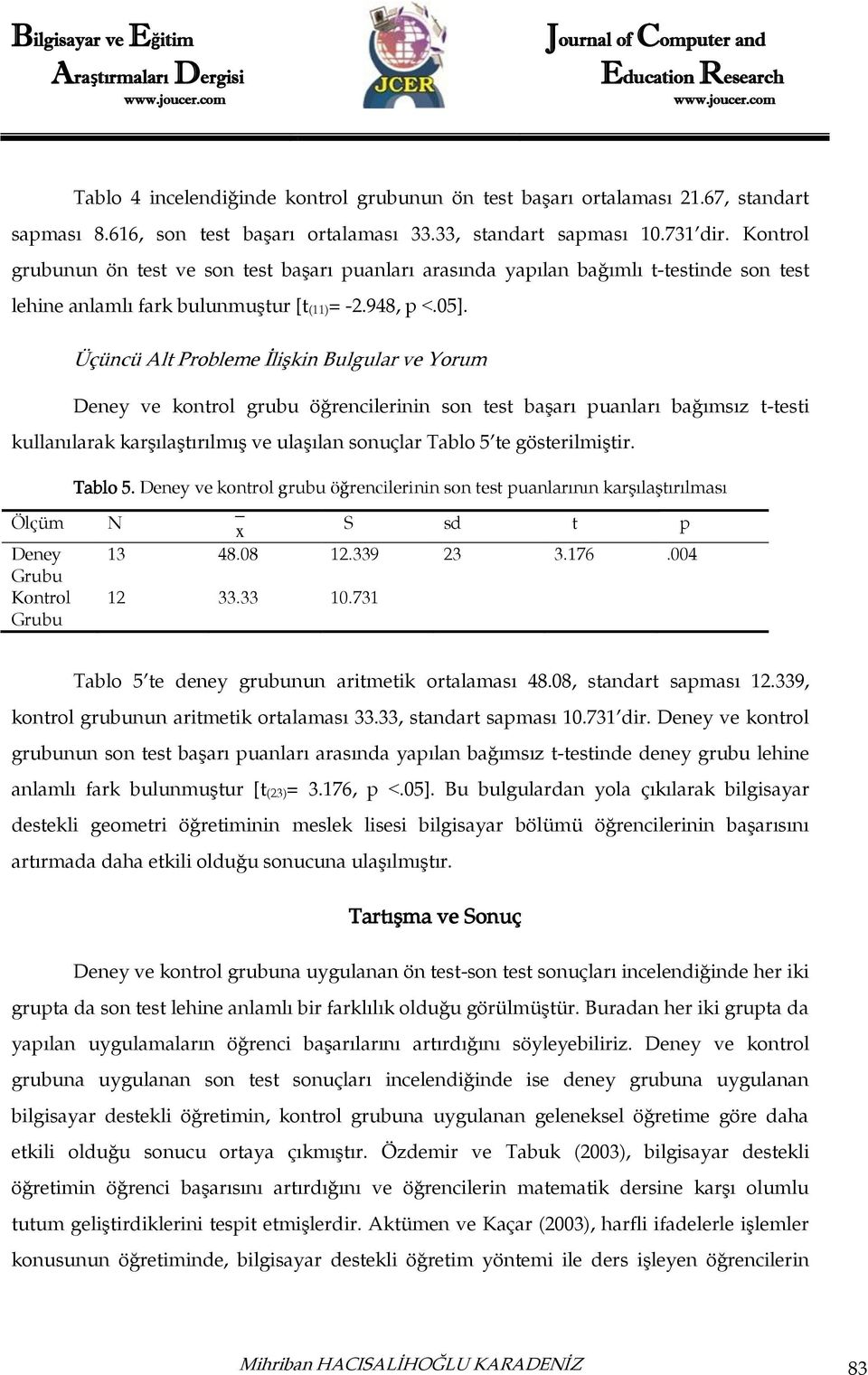 Üçüncü Alt Probleme İlişkin Bulgular ve Yorum Deney ve kontrol grubu öğrencilerinin son test başarı puanları bağımsız t-testi kullanılarak karşılaştırılmış ve ulaşılan sonuçlar Tablo 5 te