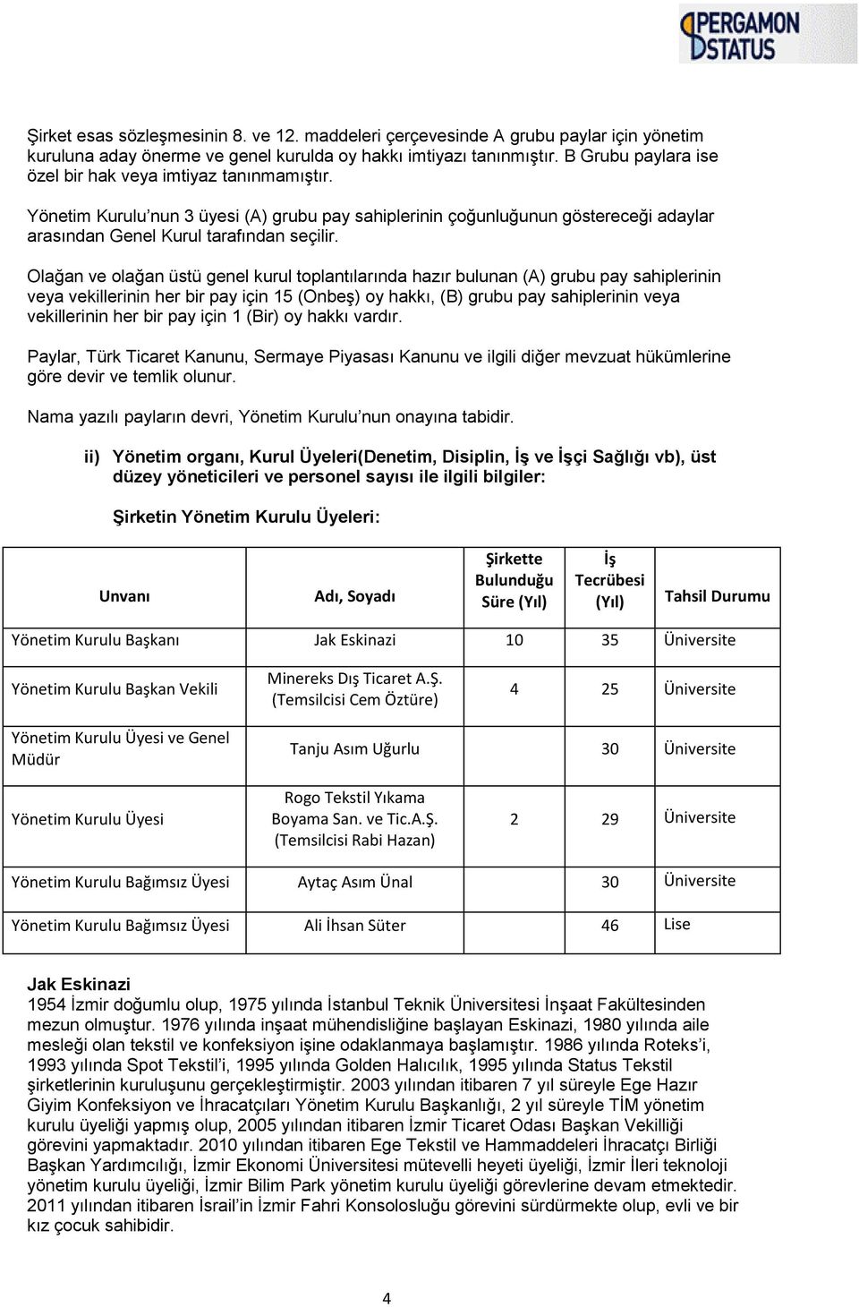 Olağan ve olağan üstü genel kurul toplantılarında hazır bulunan (A) grubu pay sahiplerinin veya vekillerinin her bir pay için 15 (Onbeş) oy hakkı, (B) grubu pay sahiplerinin veya vekillerinin her bir