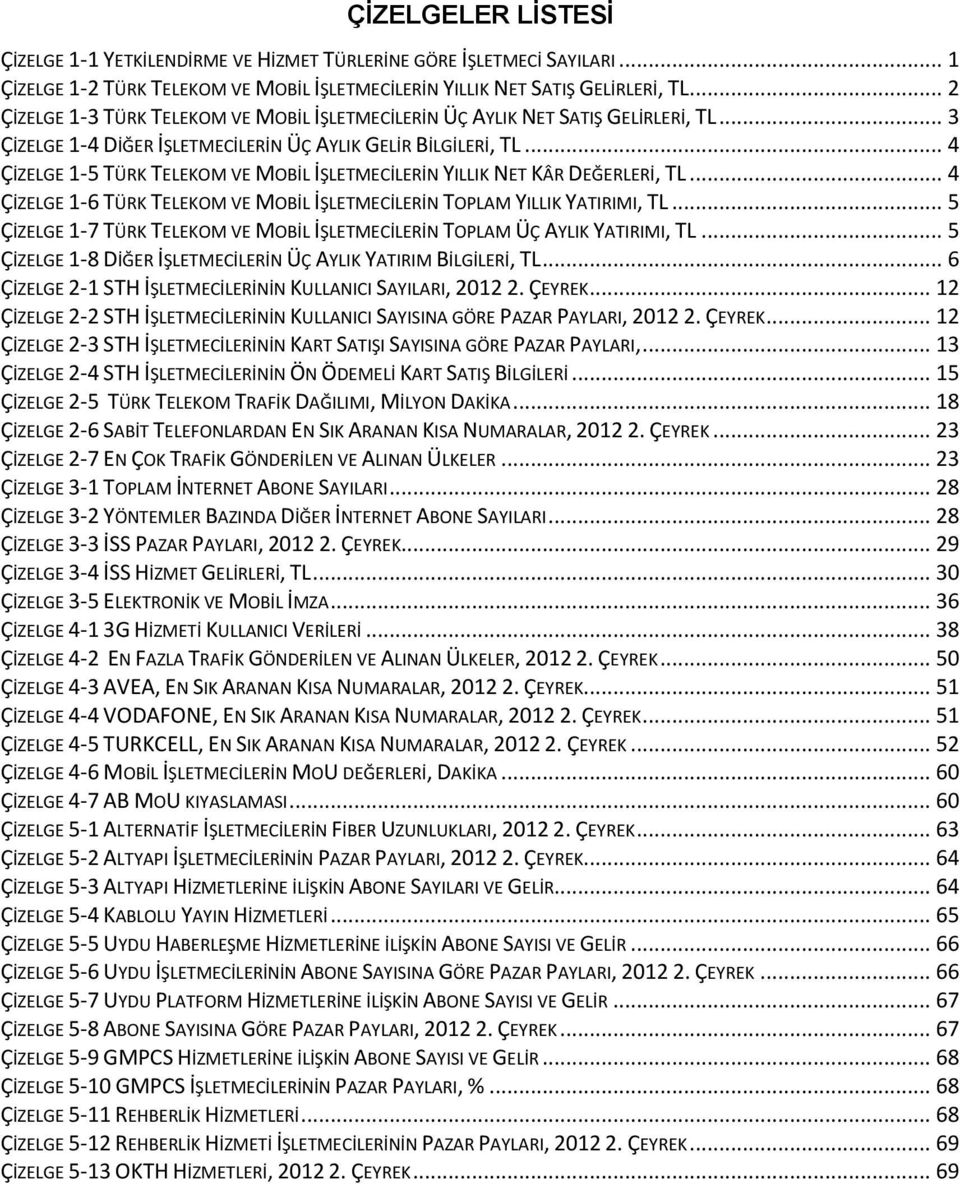 .. 4 ÇİZELGE 1-5 TÜRK TELEKOM VE MOBİL İŞLETMECİLERİN YILLIK NET KÂR DEĞERLERİ, TL... 4 ÇİZELGE 1-6 TÜRK TELEKOM VE MOBİL İŞLETMECİLERİN TOPLAM YILLIK YATIRIMI, TL.