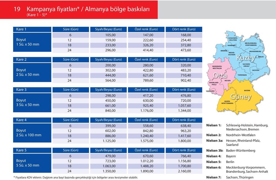 renk 168,00 24,40 372,80 473,60 Dört renk 3,00 483, 7,40 902,40 Orta MECKLENBURG- VORPOMMERN SCHLESWIG- HOLSTEIN SACHSEN- ANHALT SACHSEN THÜRINGEN Kuzey BRANDENBURG HESSEN RHEINLAND- PFALZ HAMBURG