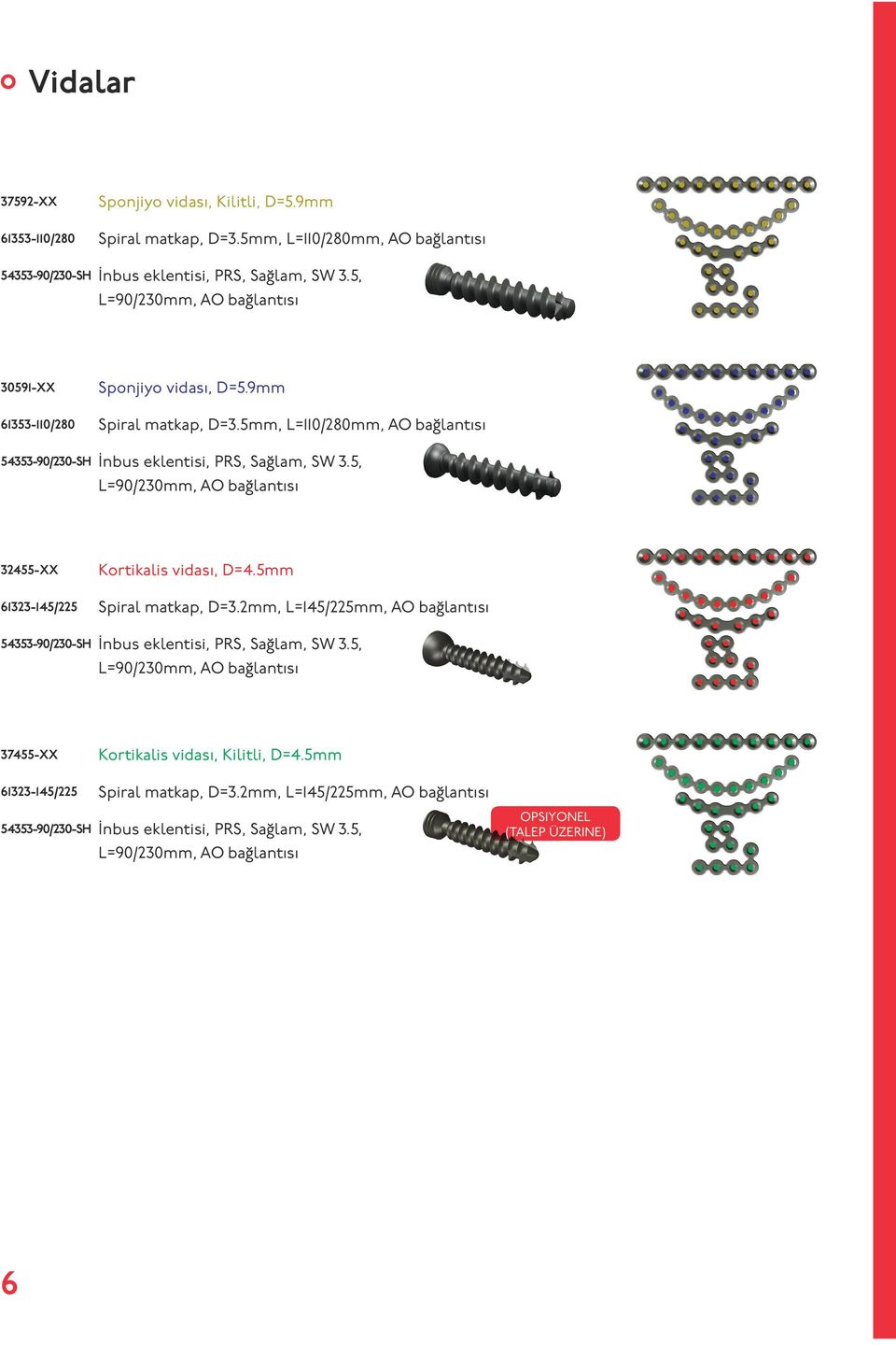 5, L=90/230mm, AO bağlantısı 32455-XX 61323-145/225 54353-90/230-SH Kortikalis vidası, D=4.5mm Spiral matkap, D=3.2mm, L=145/225mm, AO bağlantısı İnbus eklentisi, PRS, Sağlam, SW 3.