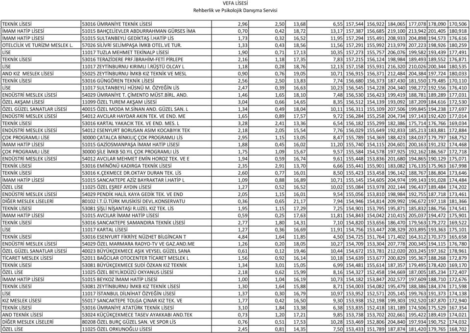 HATİP LİS 1,73 0,32 16,52 11,95 157,294 155,491 208,933 204,898 194,573 176,616 OTELCİLİK VE TURİ