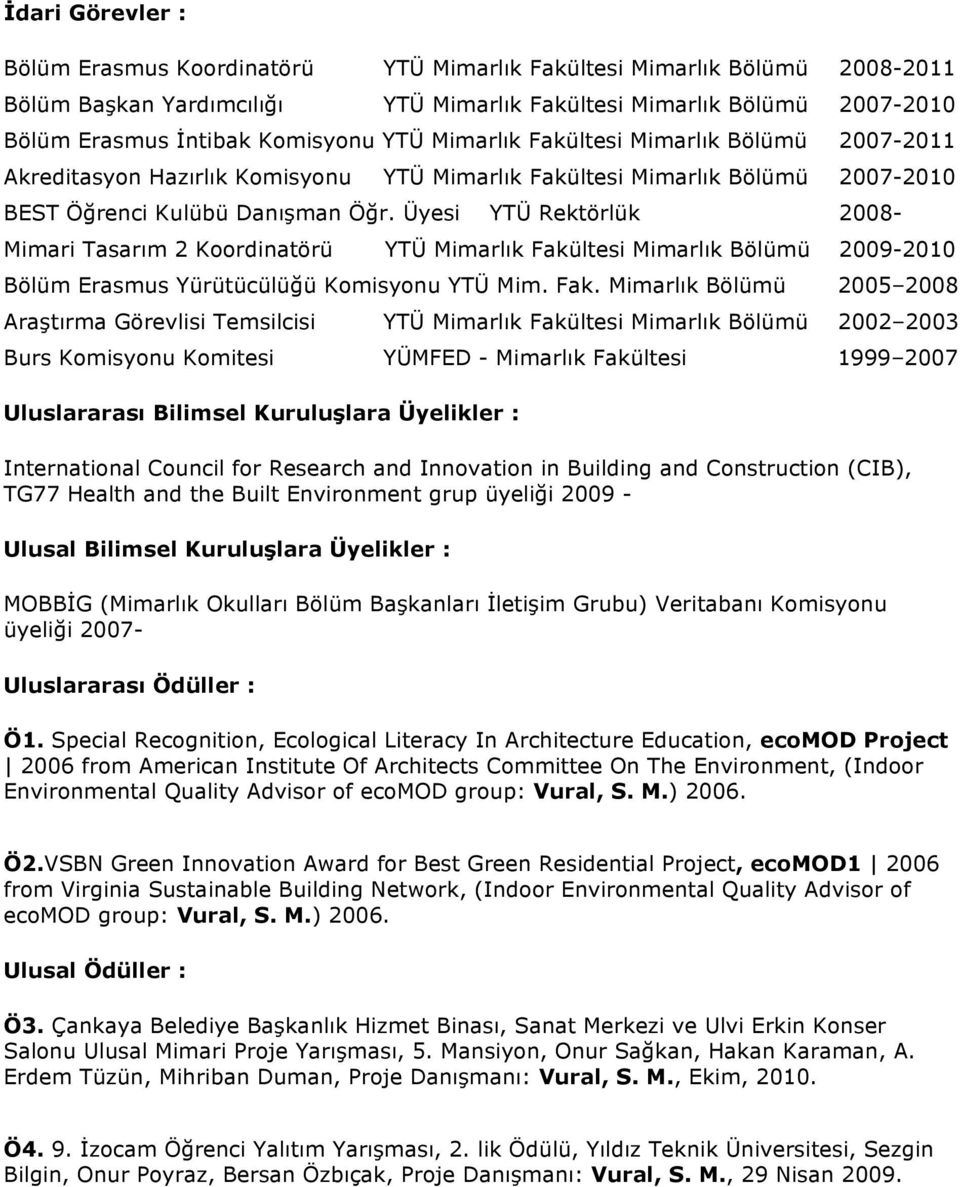 Üyesi YTÜ Rektörlük 2008- Mimari Tasarım 2 Koordinatörü YTÜ Mimarlık Fakü