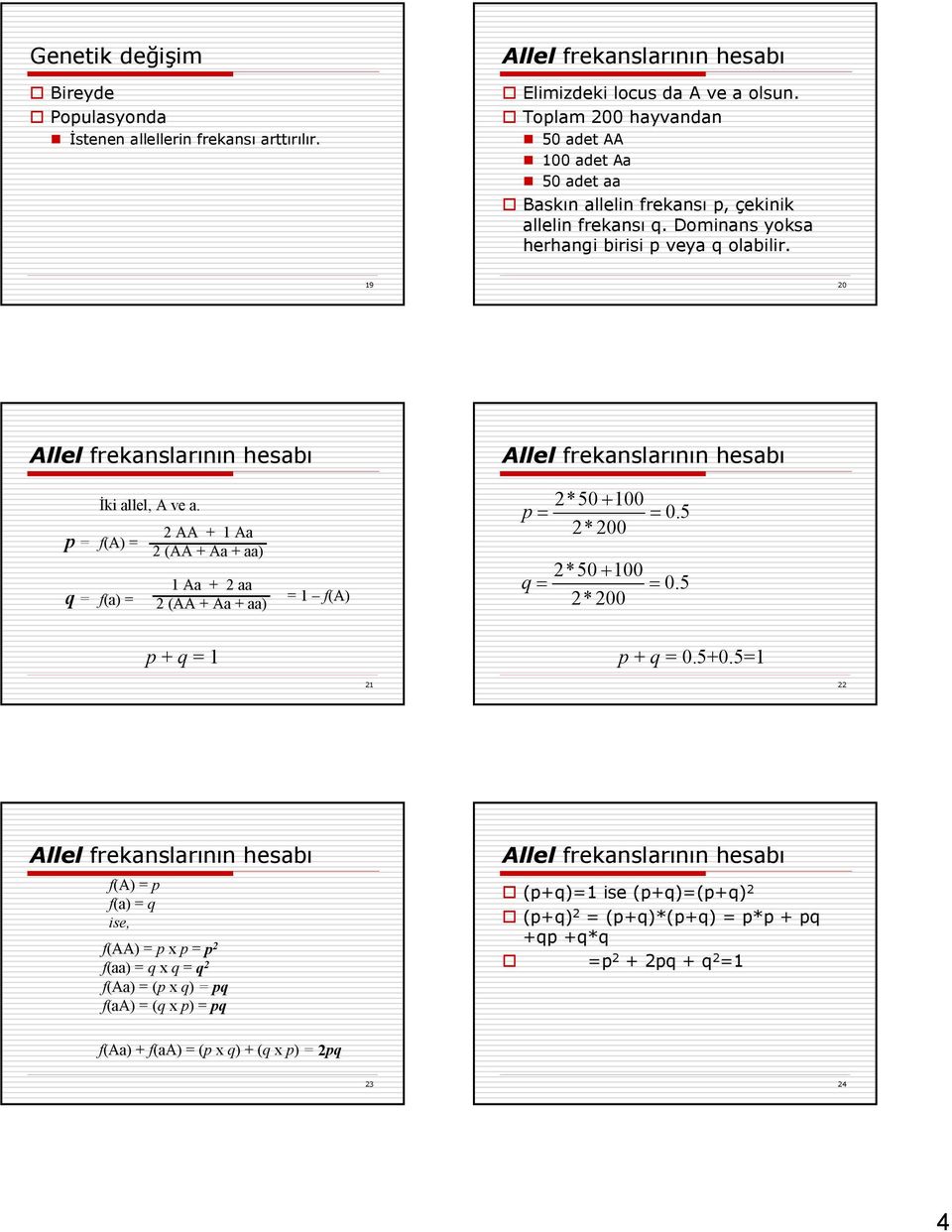 9 0 Allel frekaslarıı esabı p = q = İki allel, A ve a. f(a) = f(a) = AA + Aa (AA + Aa + aa) Aa + aa (AA + Aa + aa) p + q = = f(a) Allel frekaslarıı esabı *50 + 00 p = = 0.