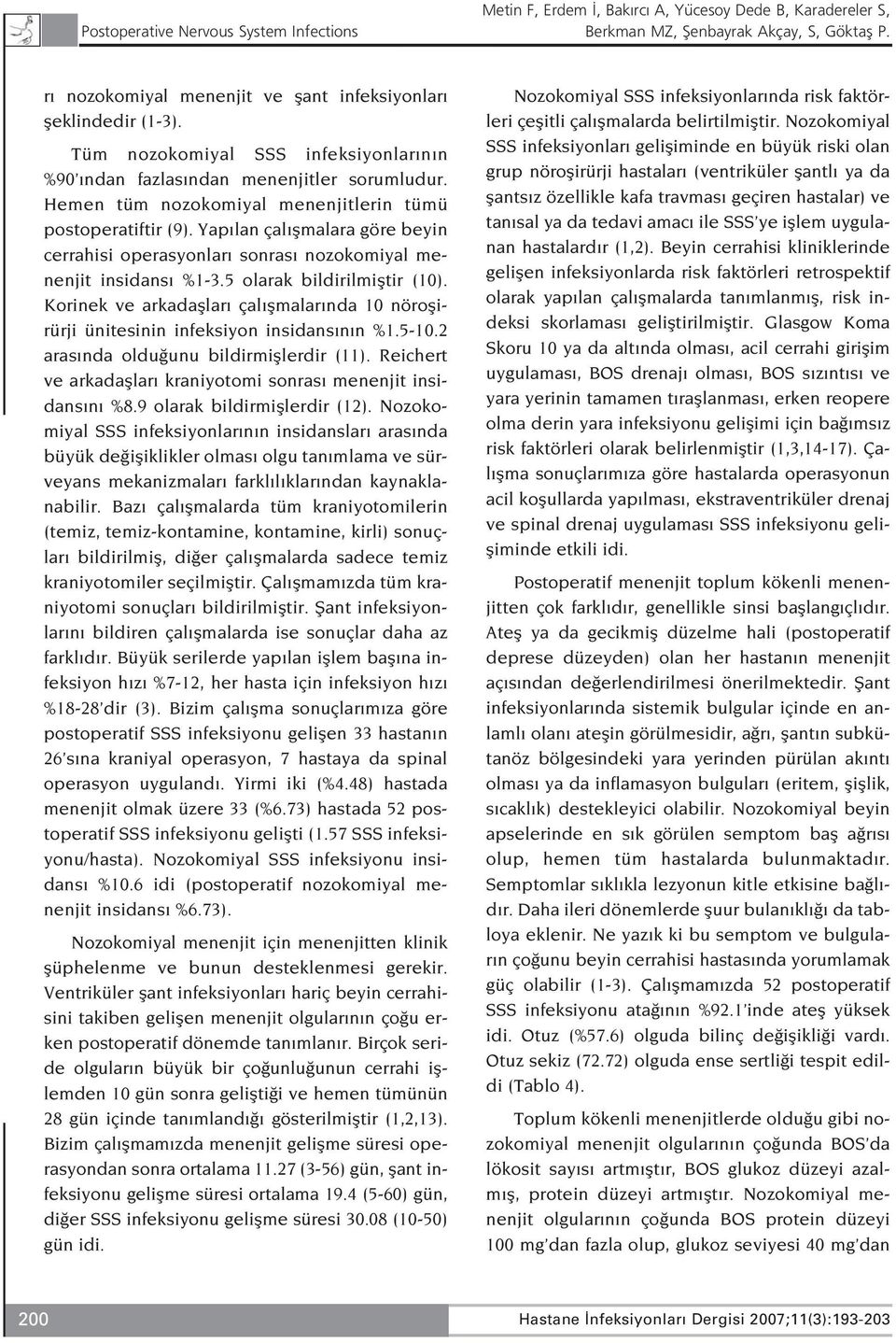 Yap lan çal flmalara göre beyin cerrahisi operasyonlar sonras nozokomiyal menenjit insidans %1-3.5 olarak bildirilmifltir (10).