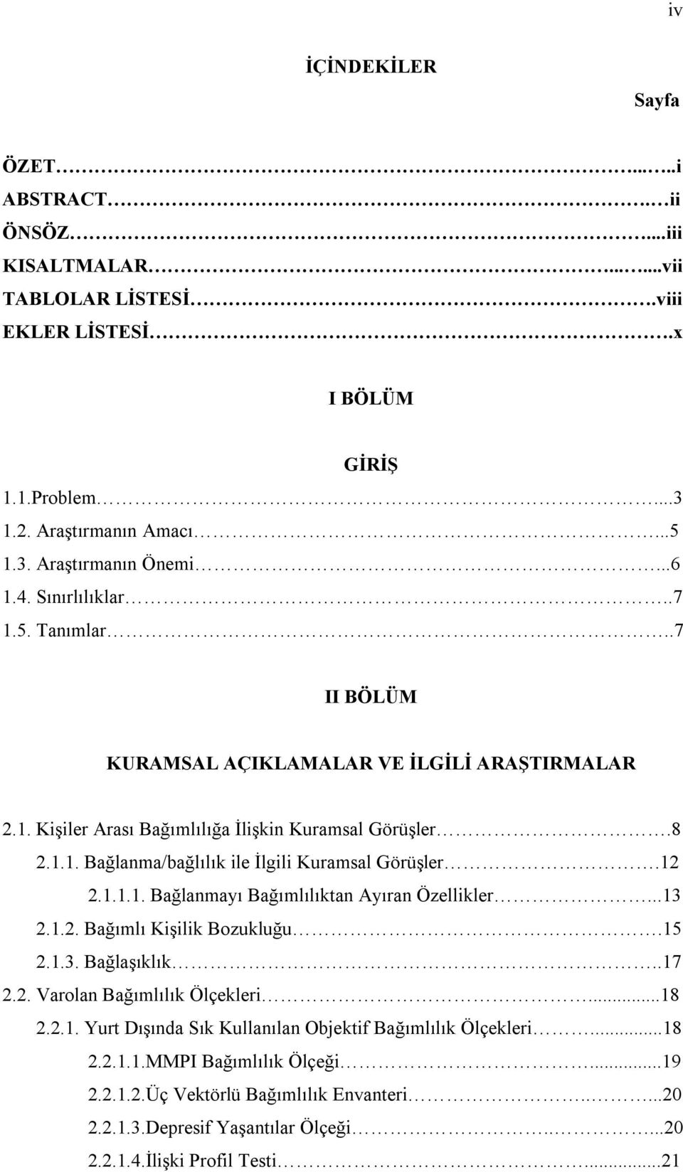 12 2.1.1.1. Bağlanmayı Bağımlılıktan Ayıran Özellikler...13 2.1.2. Bağımlı Kişilik Bozukluğu.15 2.1.3. Bağlaşıklık..17 2.2. Varolan Bağımlılık Ölçekleri...18 2.2.1. Yurt Dışında Sık Kullanılan Objektif Bağımlılık Ölçekleri.