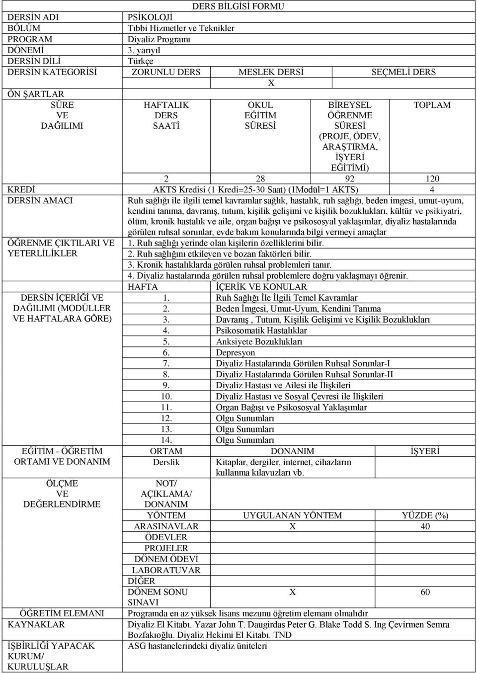 imgesi, umut-uyum, kendini tanıma, davranış, tutum, kişilik gelişimi ve kişilik bozuklukları, kültür ve psikiyatri, ölüm, kronik hastalık ve aile, organ bağışı ve psikososyal yaklaşımlar, diyaliz