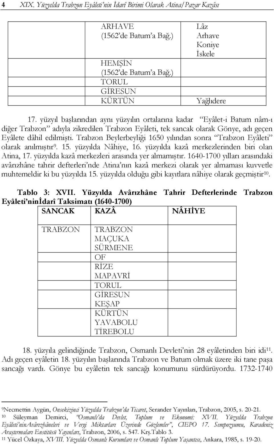 Trabzon Beylerbeyliği 1650 yılından sonra Trabzon Eyâleti olarak anılmıştır 9. 15. yüzyılda Nâhiye, 16. yüzyılda kazâ merkezlerinden biri olan Atina, 17.