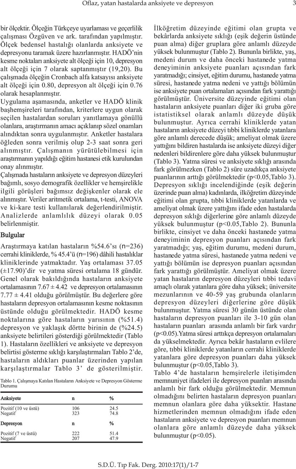 Bu çalýþmada ölçeðin Cronbach alfa katsayýsý anksiyete alt ölçeði için 0.80, depresyon alt ölçeði için 0.76 olarak hesaplanmýþtýr.