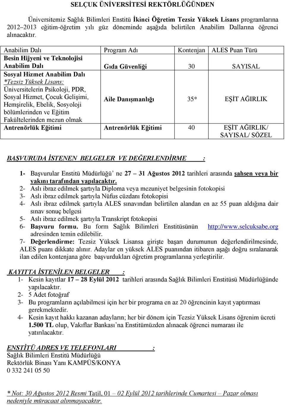 Anabilim Dalı Program Adı Kontenjan ALES Puan Türü Besin Hijyeni ve Teknolojisi Anabilim Dalı Gıda Güvenliği 30 SAYISAL Sosyal Hizmet Anabilim Dalı *Tezsiz Yüksek Lisans: Üniversitelerin Psikoloji,