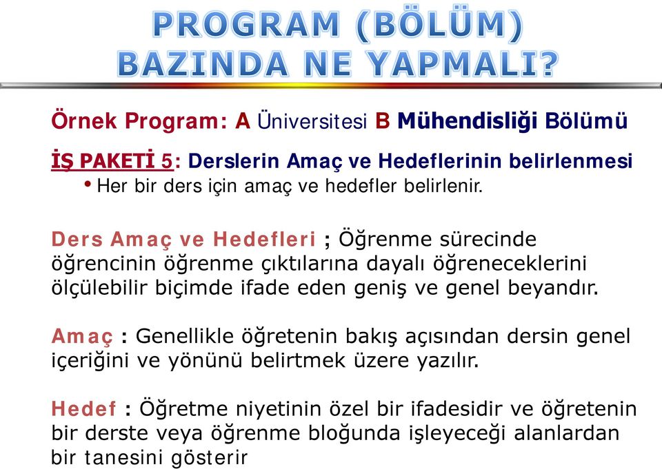 Ders Amaç ve Hedefleri ; Öğrenme sürecinde öğrencinin öğrenme çıktılarına dayalı öğreneceklerini ölçülebilir biçimde ifade eden geniş ve