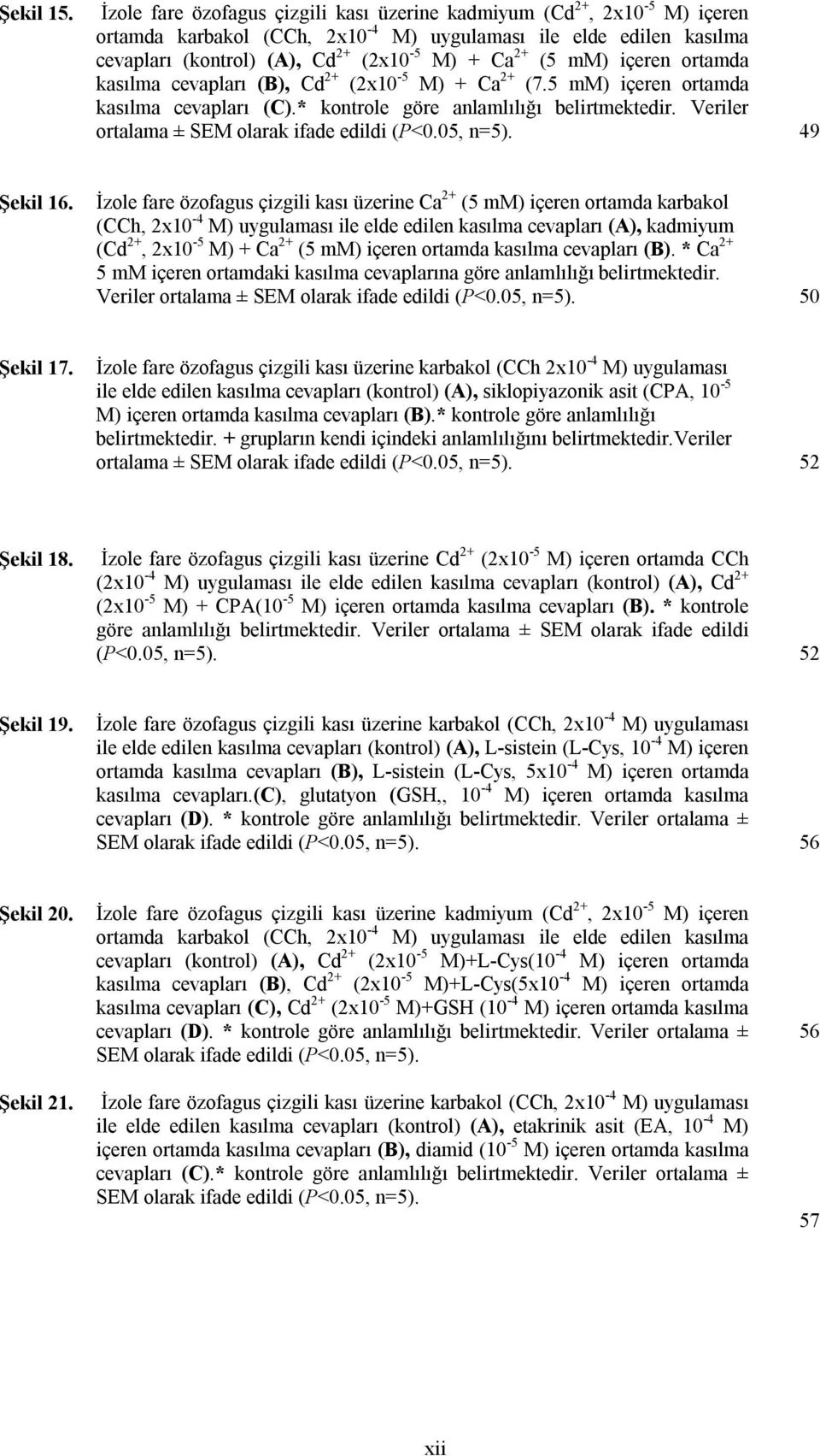 içeren ortamda kasılma cevapları (B), Cd 2+ (2x10-5 M) + Ca 2+ (7.5 mm) içeren ortamda kasılma cevapları (C).* kontrole göre anlamlılığı belirtmektedir.