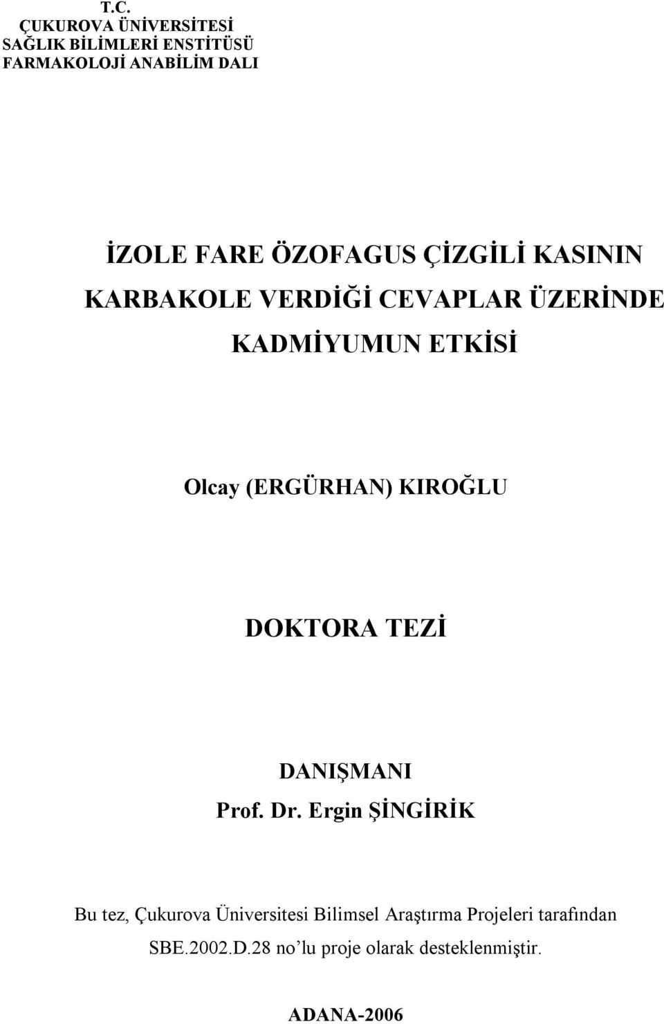 (ERGÜRHAN) KIROĞLU DOKTORA TEZİ DANIŞMANI Prof. Dr.