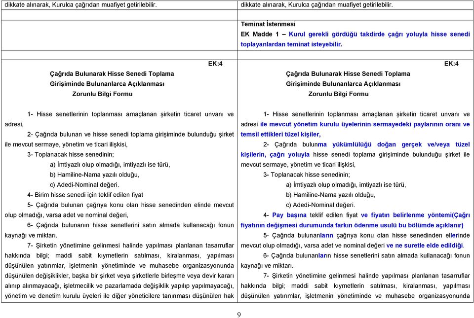 Çağrıda Bulunarak Hisse Senedi Toplama Girişiminde Bulunanlarca Açıklanması Zorunlu Bilgi Formu EK:4 Çağrıda Bulunarak Hisse Senedi Toplama Girişiminde Bulunanlarca Açıklanması Zorunlu Bilgi Formu