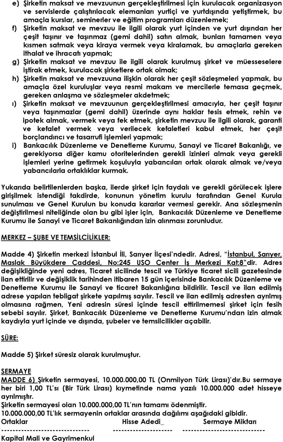 kiraya vermek veya kiralamak, bu amaçlarla gereken ithalat ve ihracatı yapmak; g) Şirketin maksat ve mevzuu ile ilgili olarak kurulmuş şirket ve müesseselere iştirak etmek, kurulacak şirketlere ortak