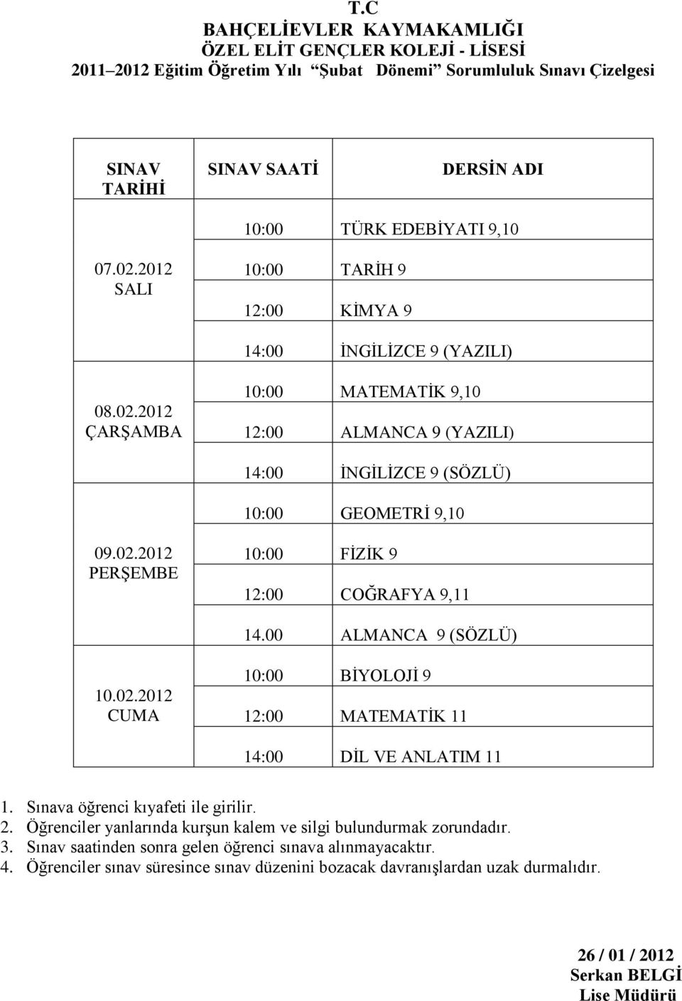 00 ALMANCA 9 (SÖZLÜ) 10.02.2012 CUMA 10:00 BİYOLOJİ 9 12:00 MATEMATİK 11 14:00 DİL VE ANLATIM 11 1. Sınava öğrenci kıyafeti ile girilir. 2.