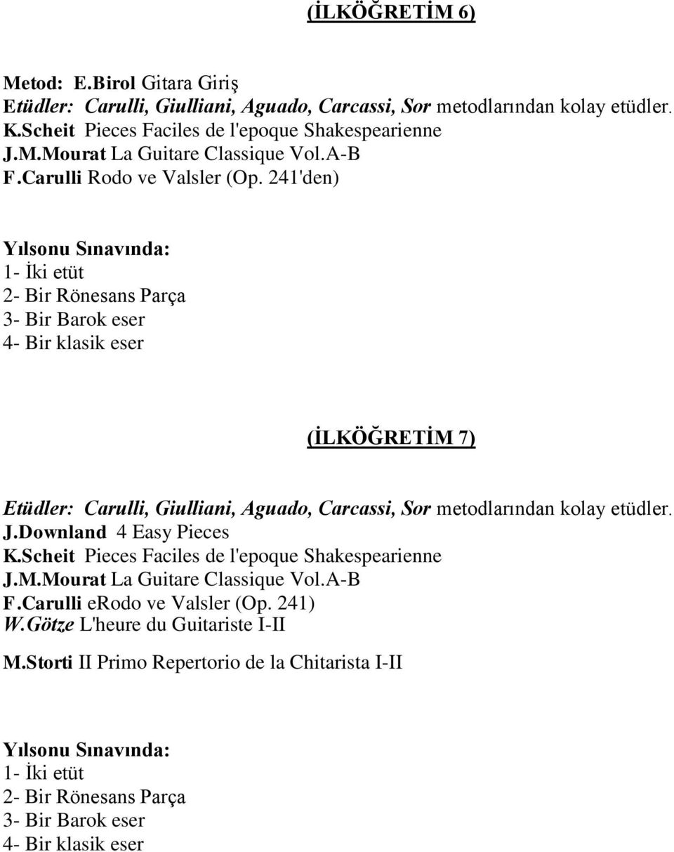 241'den) (İLKÖĞRETİM 7) Etüdler: Carulli, Giulliani, Aguado, Carcassi, Sor metodlarından kolay etüdler. J.Downland 4 Easy Pieces K.