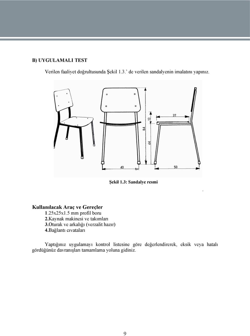 Kaynak makinesi ve takımları 3.Oturak ve arkalığı (verzalit hazır) 4.