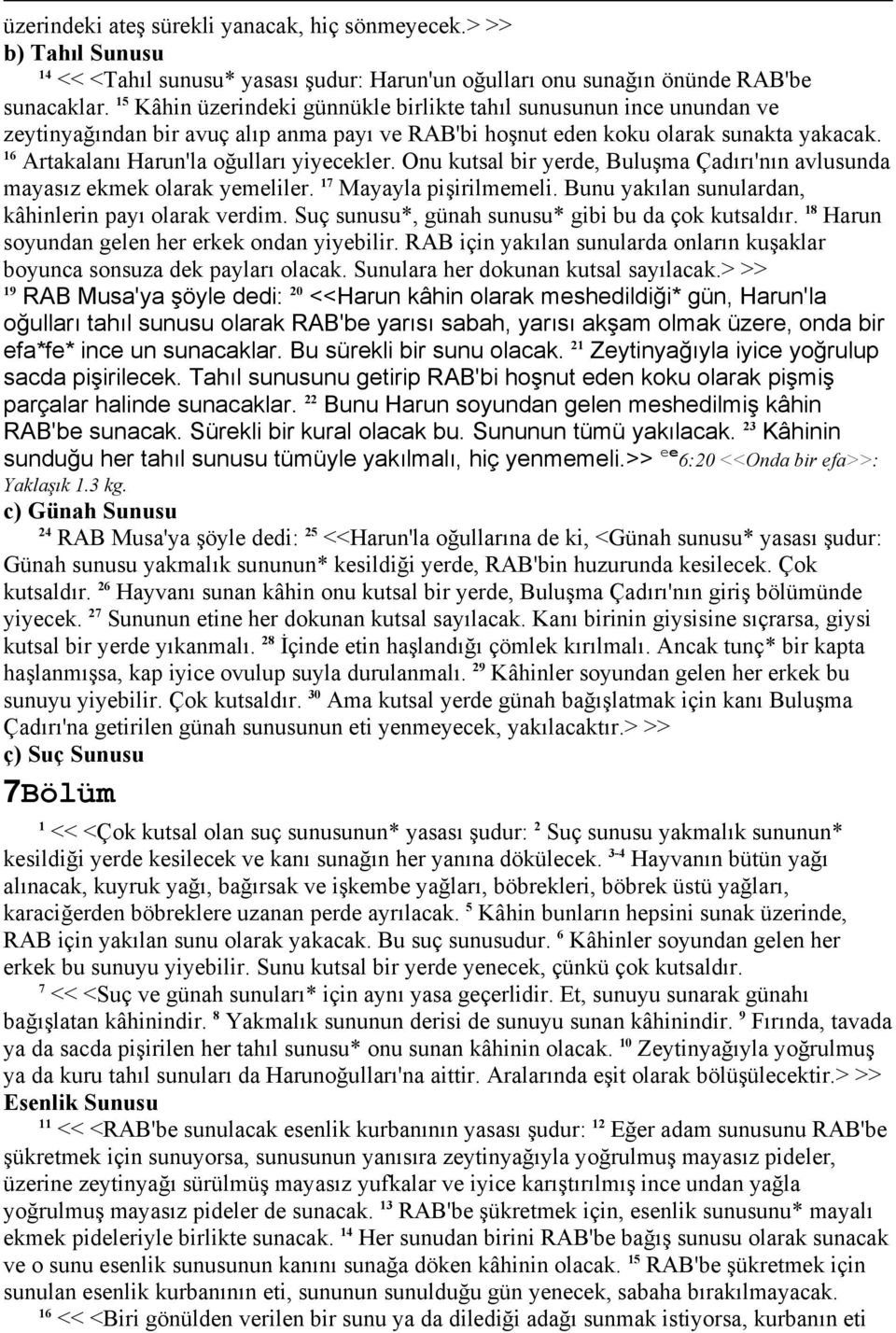 6 Artakalanı Harun'la oğulları yiyecekler. Onu kutsal bir yerde, Buluşma Çadırı'nın avlusunda mayasız ekmek olarak yemeliler. 7 Mayayla pişirilmemeli.