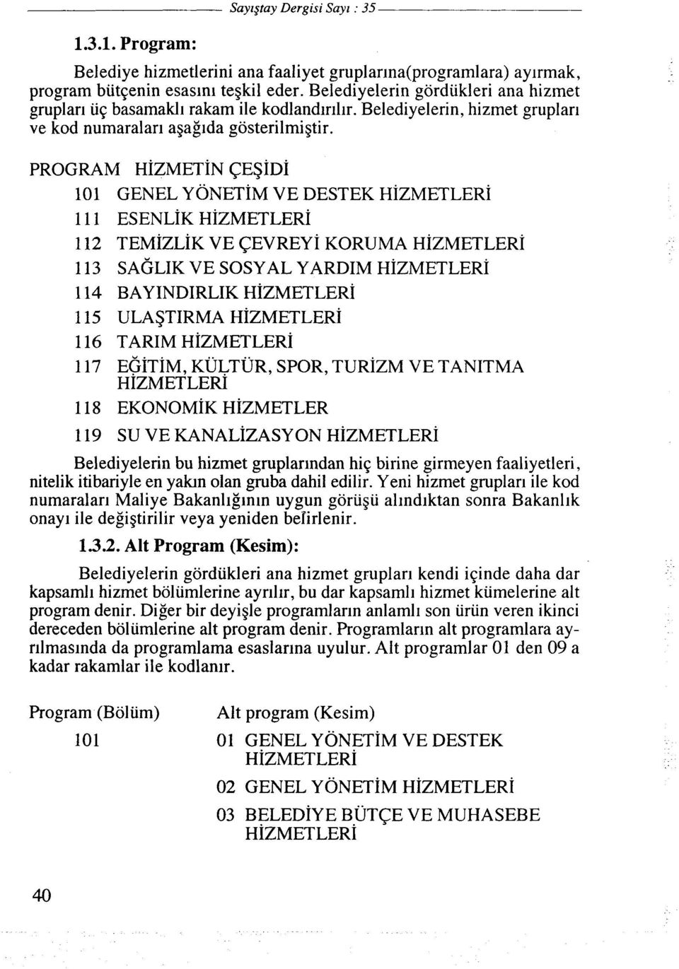 PROGRAM HIZMETIN CESIDI 101 GENEL YONETIM VE DESTEK HIZMETLER1 111 ESENLIK HIZMETLERI 112 TEMIZLIK VE CEVREY I KORUMA HIZMETLERI 113 SA~LIK VE SOSYAL YARDIM HIZMETLERI 114 BAY INDIRLIK HIZMETLERI 115