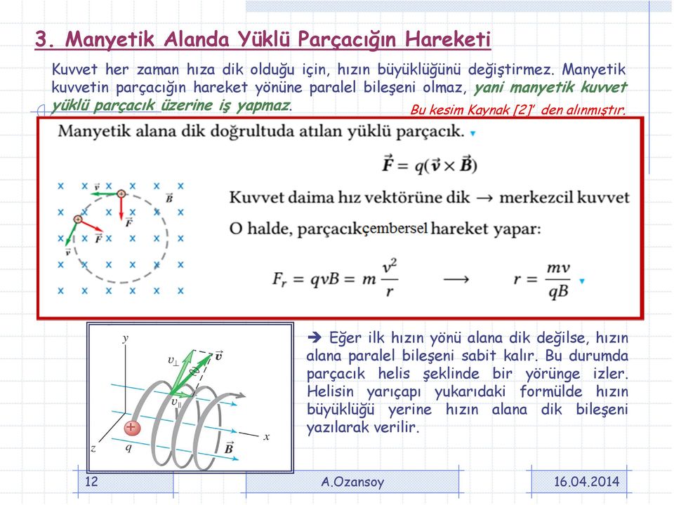 Bu kesim Kaynak [2] den alınmıştır. Eğer ilk hızın yönü alana dik değilse, hızın alana paralel bileşeni sabit kalır.