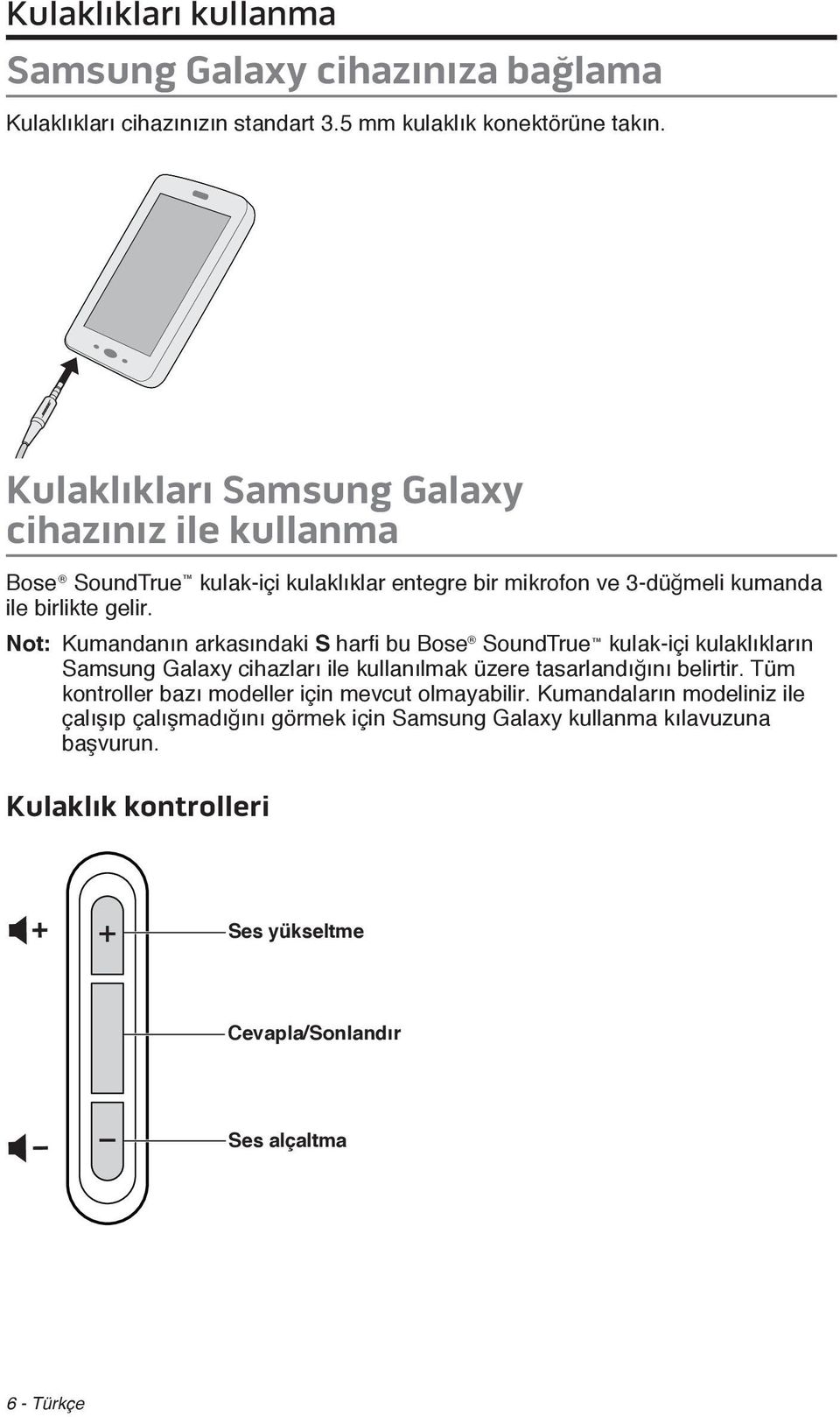 Not: Kumandanın arkasındaki S harfi bu Bose SoundTrue kulak-içi kulaklıkların Samsung Galaxy cihazları ile kullanılmak üzere tasarlandığını belirtir.