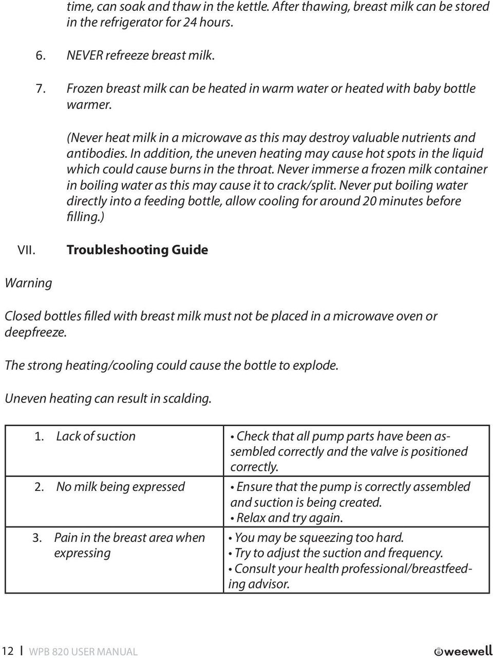 In addition, the uneven heating may cause hot spots in the liquid which could cause burns in the throat. Never immerse a frozen milk container in boiling water as this may cause it to crack/split.