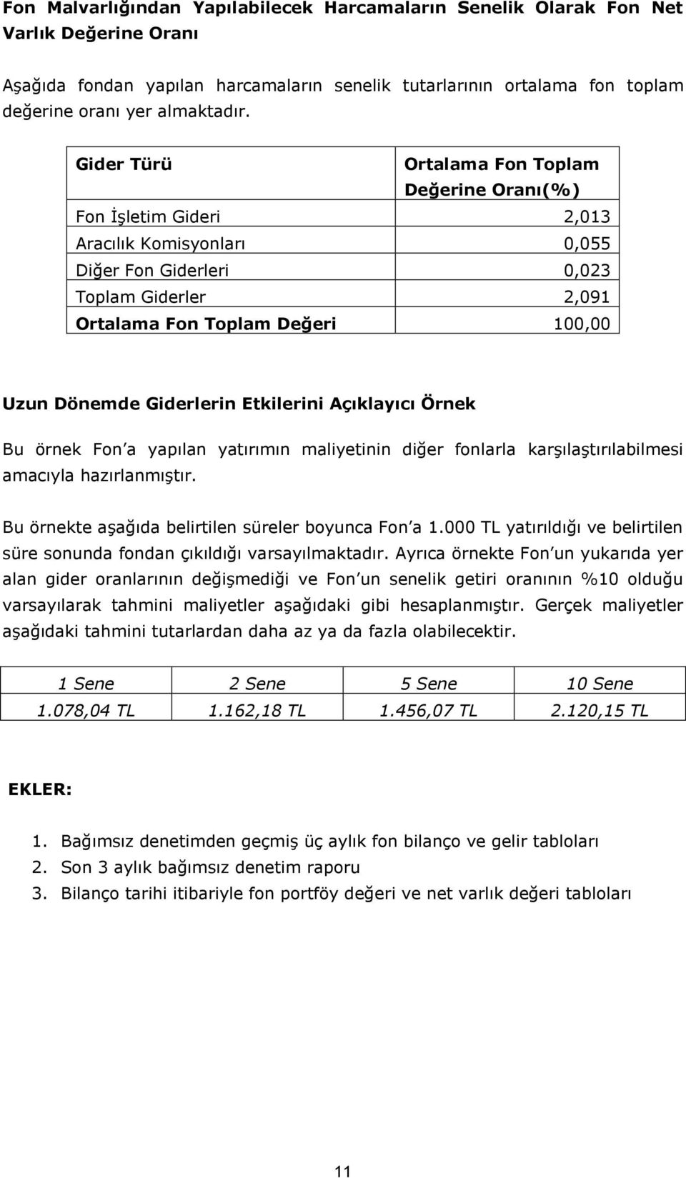 Giderlerin Etkilerini Açıklayıcı Örnek Bu örnek Fon a yapılan yatırımın maliyetinin diğer fonlarla karşılaştırılabilmesi amacıyla hazırlanmıştır. Bu örnekte aşağıda belirtilen süreler boyunca Fon a 1.